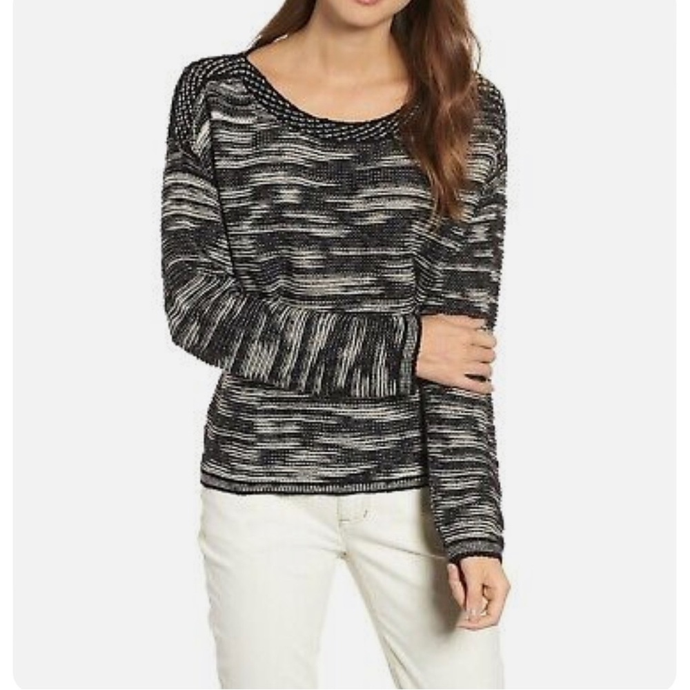 EILEEN FISHER BLACK AND SOFT WHITE ORGANIC COTTON BATEAU NECK SWEATER SI…